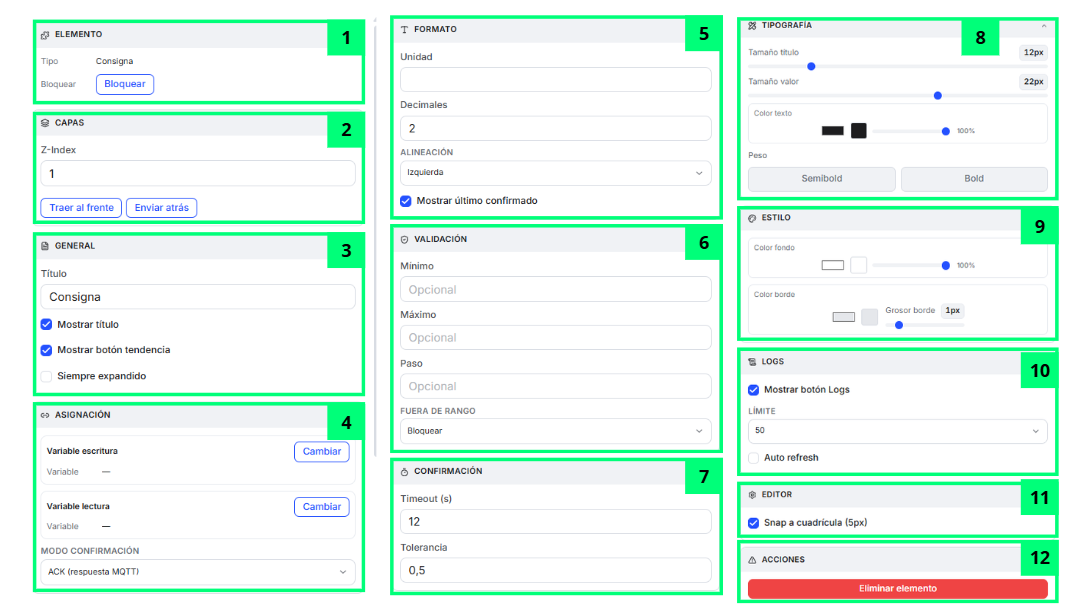 Consigna · Propiedades del Widget