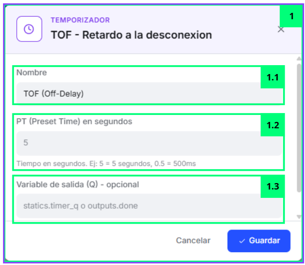 ⏱ TOF (Off-Delay) · Propiedades del Nodo